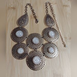 Signed S.H.B. Textured Gold Tone/Lace Floret Circle/Faceted Crystal Statement Ne